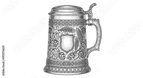 Vintage Beer Stein Drawing: Ornate Pewter Mug with Hops and Wheat Design