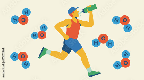 Runner drinks water while jogging outdoors with molecular oxygen and hydrogen.