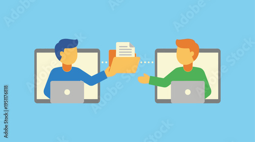 Two men exchange documents on laptops in office setting indoors.