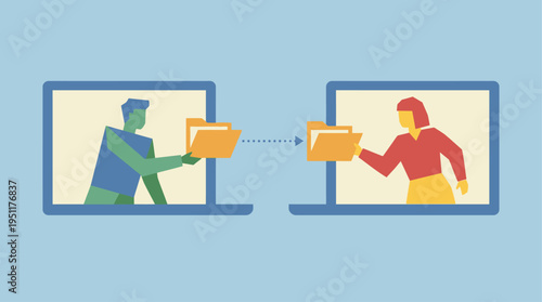 Two people exchange files between their laptops in an office setting.