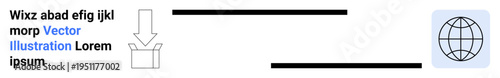 Data transfer, online sharing, cloud storage, digital distribution, global connectivity, internet usage. Open box with arrow pointing to a globe icon. Data transfer and online sharing concept