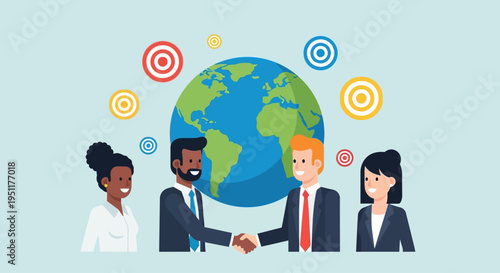 Business professionals shaking hands with globe and targets around