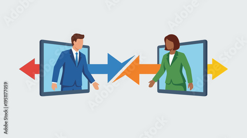 Business people communicate through screens with colorful arrows