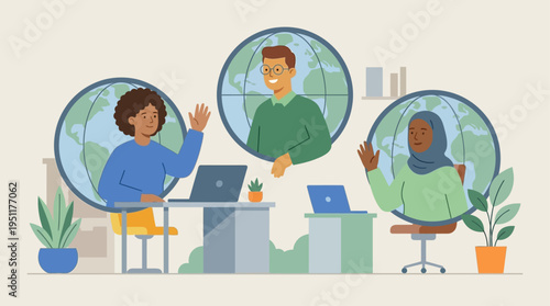 Three colleagues wave at each other during a virtual meeting remotely