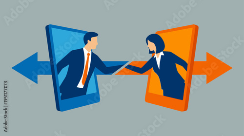 Business people shake hands through screens in office environment.