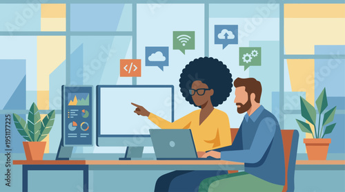 Collaborative team developing digital solutions and software applications in a modern office environment, focusing on technology integration and data analysis for business innovation