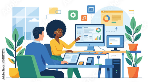 Professional colleagues collaborating on a digital project in a modern office, utilizing advanced technology for data analysis and business strategy, fostering innovation and productivity