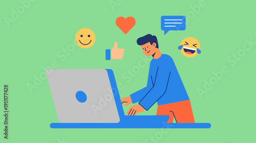 Modern illustration of a person engaging with social media on a laptop, capturing the essence of online interaction, digital communication, and feedback