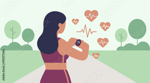 Smartwatch Fitness Woman Monitors Heart Rate and Health Progress During an Outdoor Walk, Embracing Digital Wellness and an Active Lifestyle