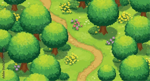 Top-down view of a vibrant green forest with winding dirt path and colorful wildflowers, ideal for game backgrounds or nature illustrations
