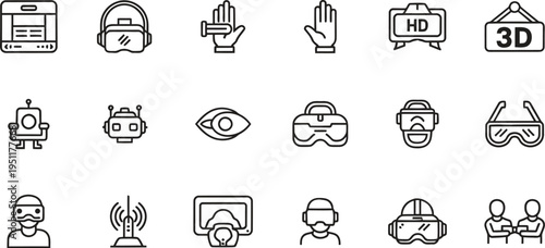 A collection of black line icons depicting various virtual reality and technology concepts on a white background