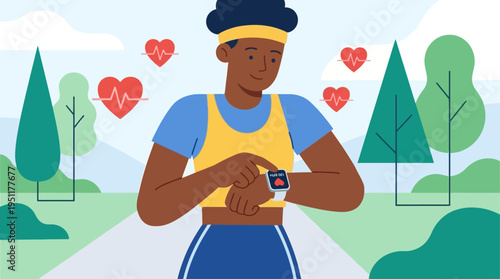 Active woman tracking her heart rate on a smartwatch during an outdoor exercise, symbolizing fitness, wellness, and modern digital health monitoring for an active lifestyle