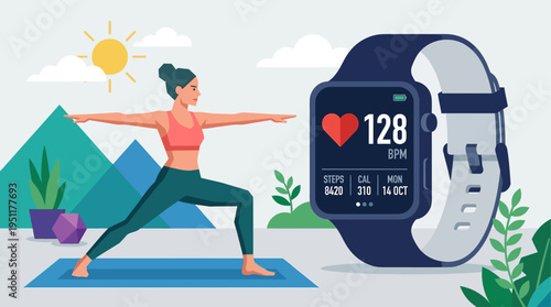 Fit Woman Doing Yoga Outdoors With Smartwatch Displaying Heart Rate and Health Metrics