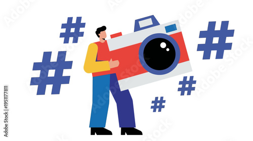 A man with a camera surrounded by hashtags, symbolizing social media photography and online content creation