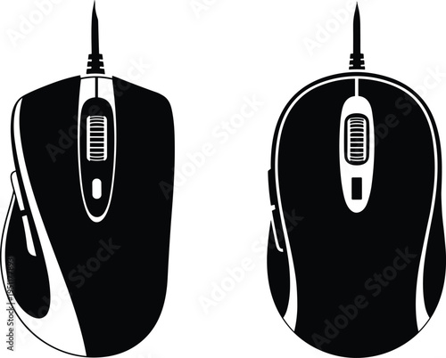 Computer mouse device icon set featuring wired optical gaming mouse in minimal black solid vector style isolated for technology hardware and digital equipment designComputer mouse device icon set 