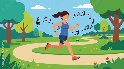 A woman running in a park with musical notes around her head, symbolizing enjoyment and passion for exercise and hobbies