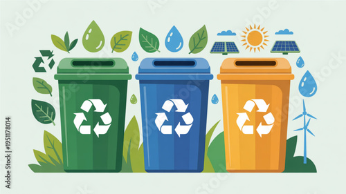 Three colorful recycling bins with recycling symbols surrounded by nature elements and renewable energy icons representing eco-friendly waste management and sustainability