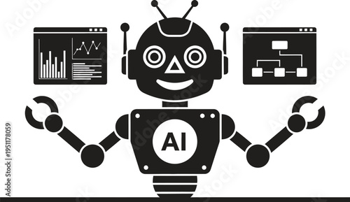 A cheerful robot with AI capabilities and various digital screens around it.