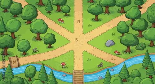 Top-down cartoon vector illustration of a forest crossroads with multiple paths, green trees, mushrooms, rocks, and a river with wooden bridges, perfect for game maps or adventure concepts.