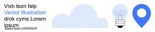 Technology, ideas, innovation, navigation, location, minimalism. Cloud, lightbulb with leaves and location pin icon alongside placeholder text. Technology and ideas visualization