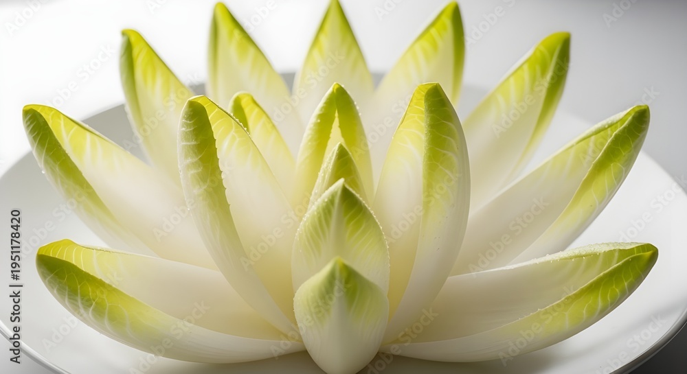 Fototapeta premium Crisp Belgian Endive Spears Arranged In Neat Fan Shape, Elegant Pale Leaves With Slight Bitterness and Subtle Crunch, Celebrating Natural Geometry and Fresh Culinary Simplicity