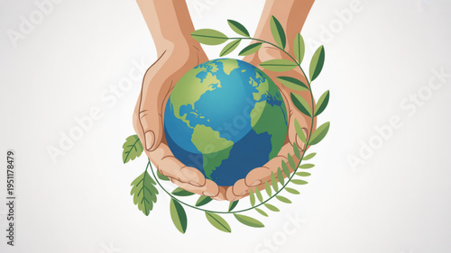 Hands holding planet Earth with green leaves symbolizing environmental protection and care for nature flat vector illustration for conservation concepts