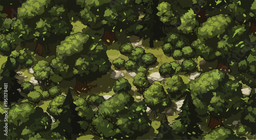 Top-down aerial view vector illustration of a lush green forest with varied trees and clearings, ideal for game maps or nature backgrounds