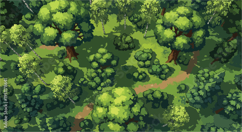 Top-down vector illustration of a lush green forest with various trees and bushes, featuring a winding dirt path, ideal for game backgrounds or nature designs