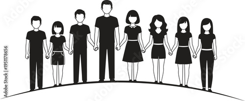 A group of diverse people standing together in unity and solidarity on a curved line