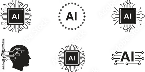 A collection of artificial intelligence logos and symbols in black and white