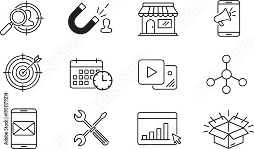 Digital marketing icons for SEO, business, and online promotion strategies