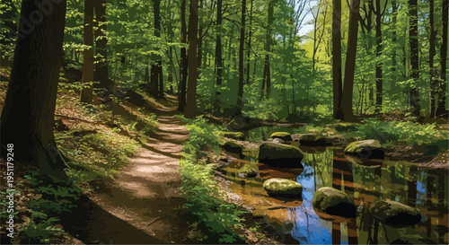 Serene forest path winding alongside a tranquil stream with lush green trees and sunlit foliage, ideal for nature-themed designs