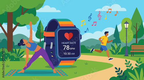Fitness smart watch monitoring heart rate during outdoor running and yoga exercise in a park