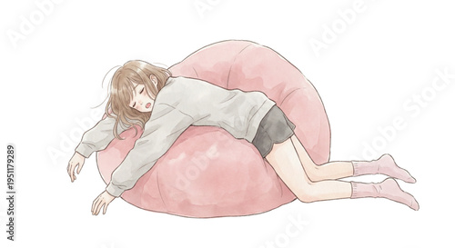 Young woman sleeping comfortably on a pink bean bag chair, flat vector illustration on transparent Background. Tired girl napping on a cozy bead cushion, minimalist anime-style drawing .