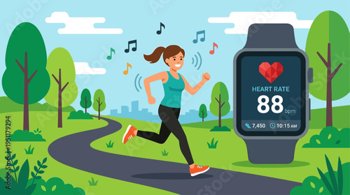 Active woman jogging outdoors in a park, tracking her heart rate and fitness progress with a smart wearable device. Illustrating a healthy and energetic lifestyle