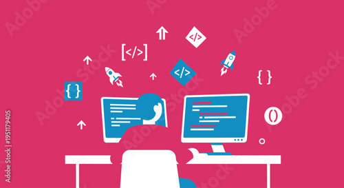 Illustrative representation of a dedicated developer at a dual-monitor coding setup, embodying the concepts of innovation, digital creation, and rapid technological progress