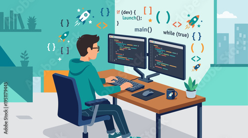 Young programmer working on dual monitors with coding on screens and animated rockets flying upwards around him