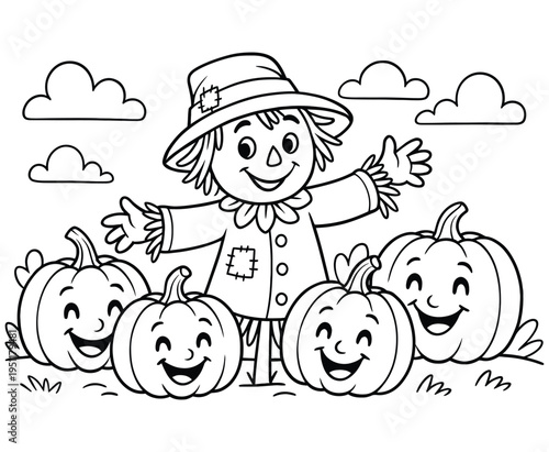 Friendly scarecrow with pumpkins in field celebrate autumn harvest season