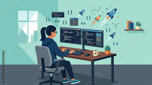 Woman programmer working on computer with coding symbols and rockets flying