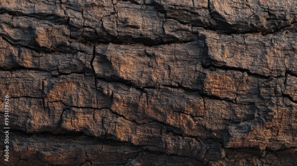 Fototapeta premium Detailed look at old oak wood showing dark bark with grooves and cracks, illuminated by warm light in the late afternoon