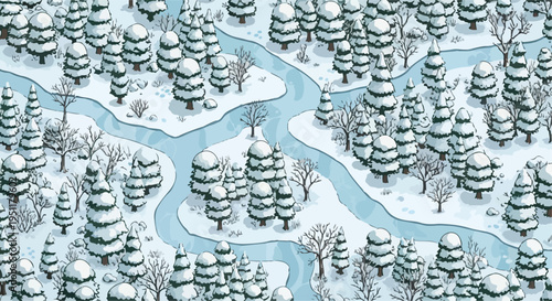 Winter forest landscape vector illustration with snow-covered pine trees and winding frozen rivers, cold season nature background