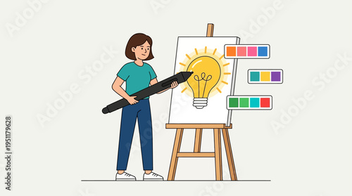 Illustration of a woman artist painting a bright lightbulb idea on an easel with color palettes, symbolizing creativity and innovation in art and design