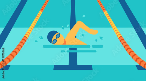 Dynamic flat illustration of a person swimming freestyle with a swim cap and goggles in a pool lane, representing sports, exercise, and healthy aquatic activity