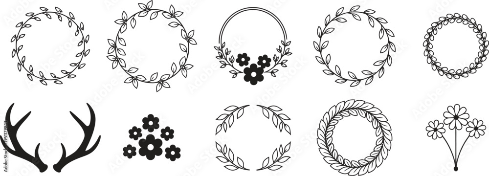 Fototapeta premium A collection of various floral wreaths and decorative elements on a white background
