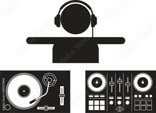 A graphic illustration of a DJ setup with turntables and a mixer