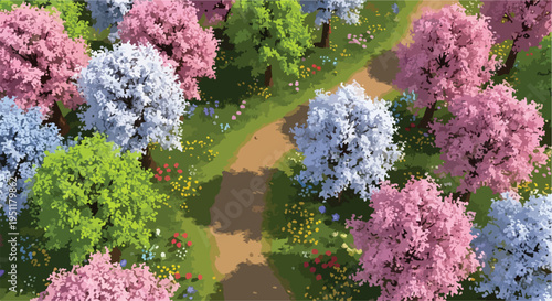 Aerial view of a vibrant spring park with winding dirt path through colorful blooming trees and wildflowers, nature background