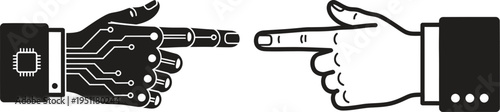 A robotic hand and a human hand pointing at each other in a black and white illustration