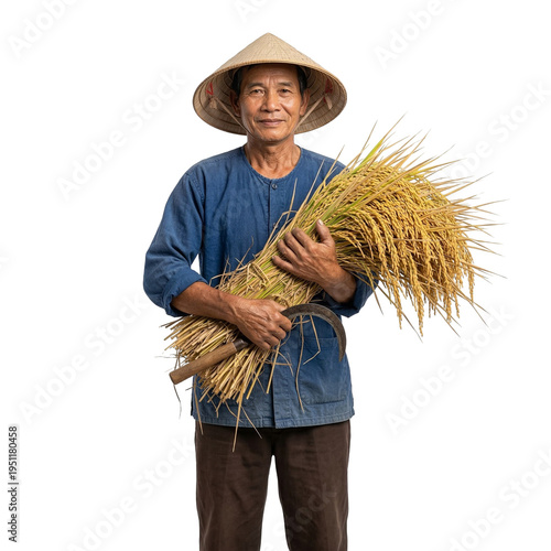 Vietnamese Farmer Holding Rice Harvest With Conical Hat and Sickle, Traditional Agriculture Portrait