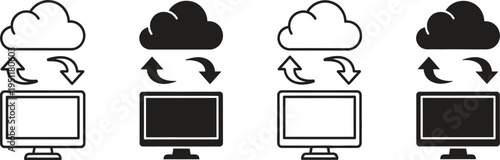A simple black and white illustration of cloud computing and data transfer between computers