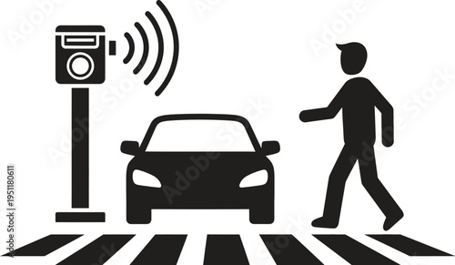 A black and white illustration of a pedestrian crossing the road with a car and parking meter in the background